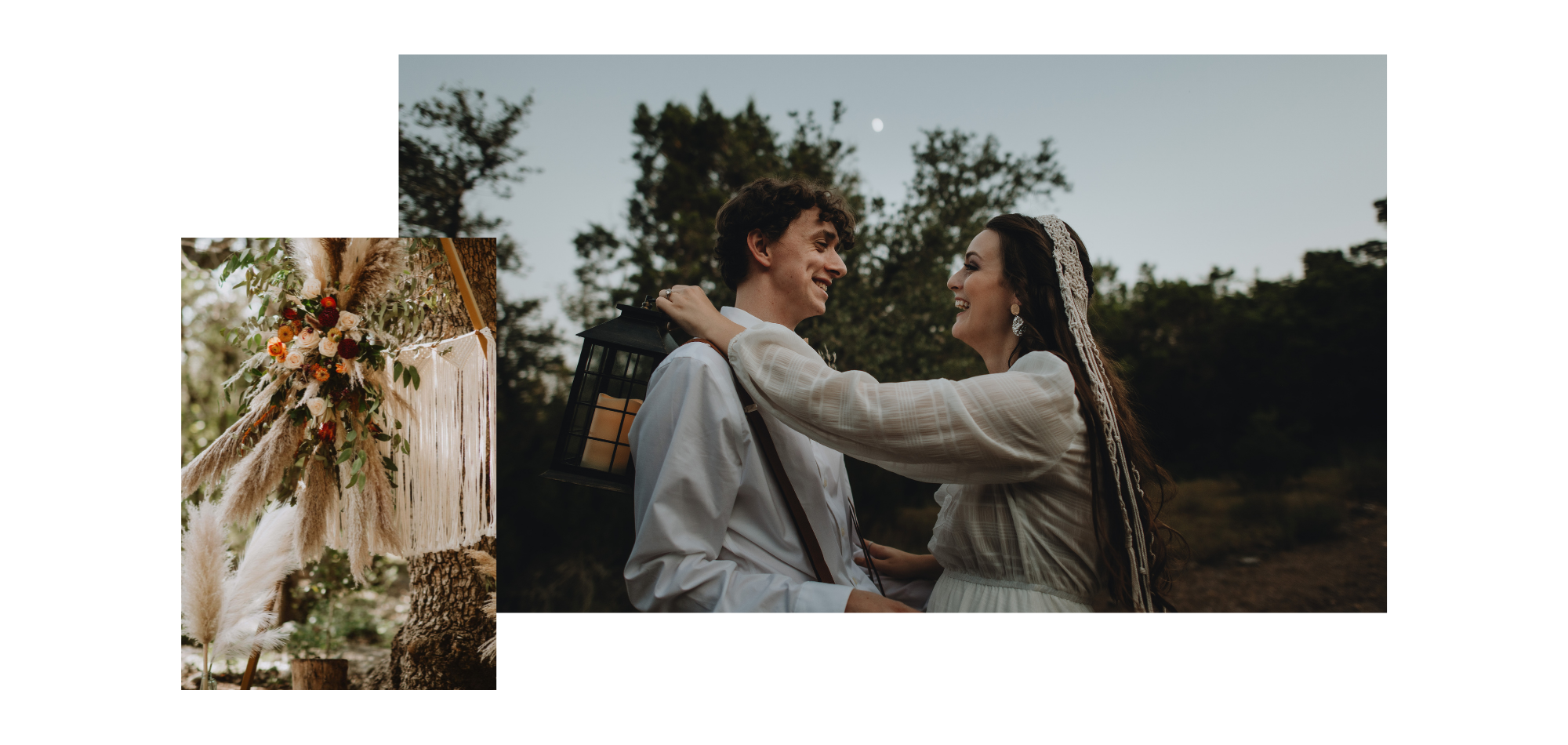 collage of boho wedding flowers and a bride and groom hugging