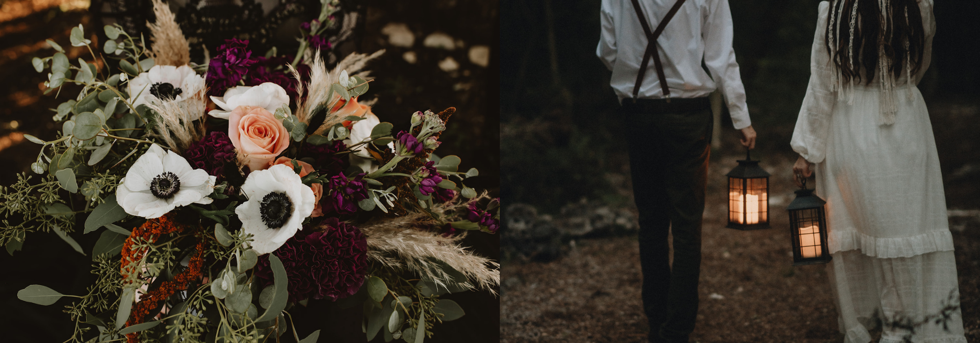 collage of boho wedding floral design and a couple walking with lanterns